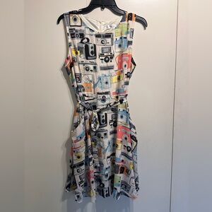 LA Soul Multi-Color Retro Camera Print Sleeveless A-Line Mini Dress, Size L